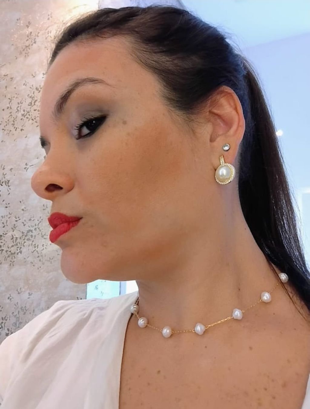 Conjunto Brinco pérola e zircônia e colar pérola